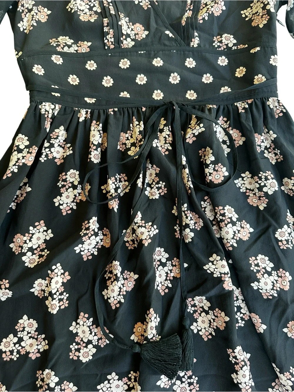 Kate Spade New York 100% Silk Black Floral Midi Dress Tassel Tie Size 0